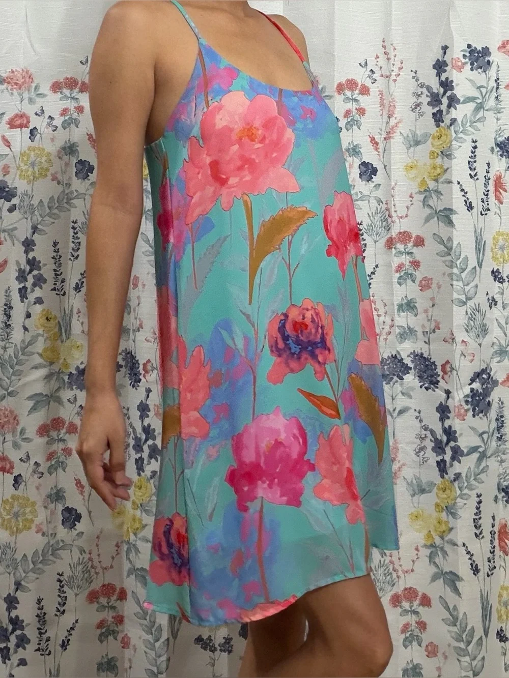 Everly Aqua Slip Dress with Pink Floral Print